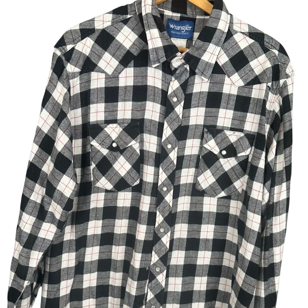Wrangler Mens Western Shirt Black White Buffalo Plaid Pearl Snap Flannel XL